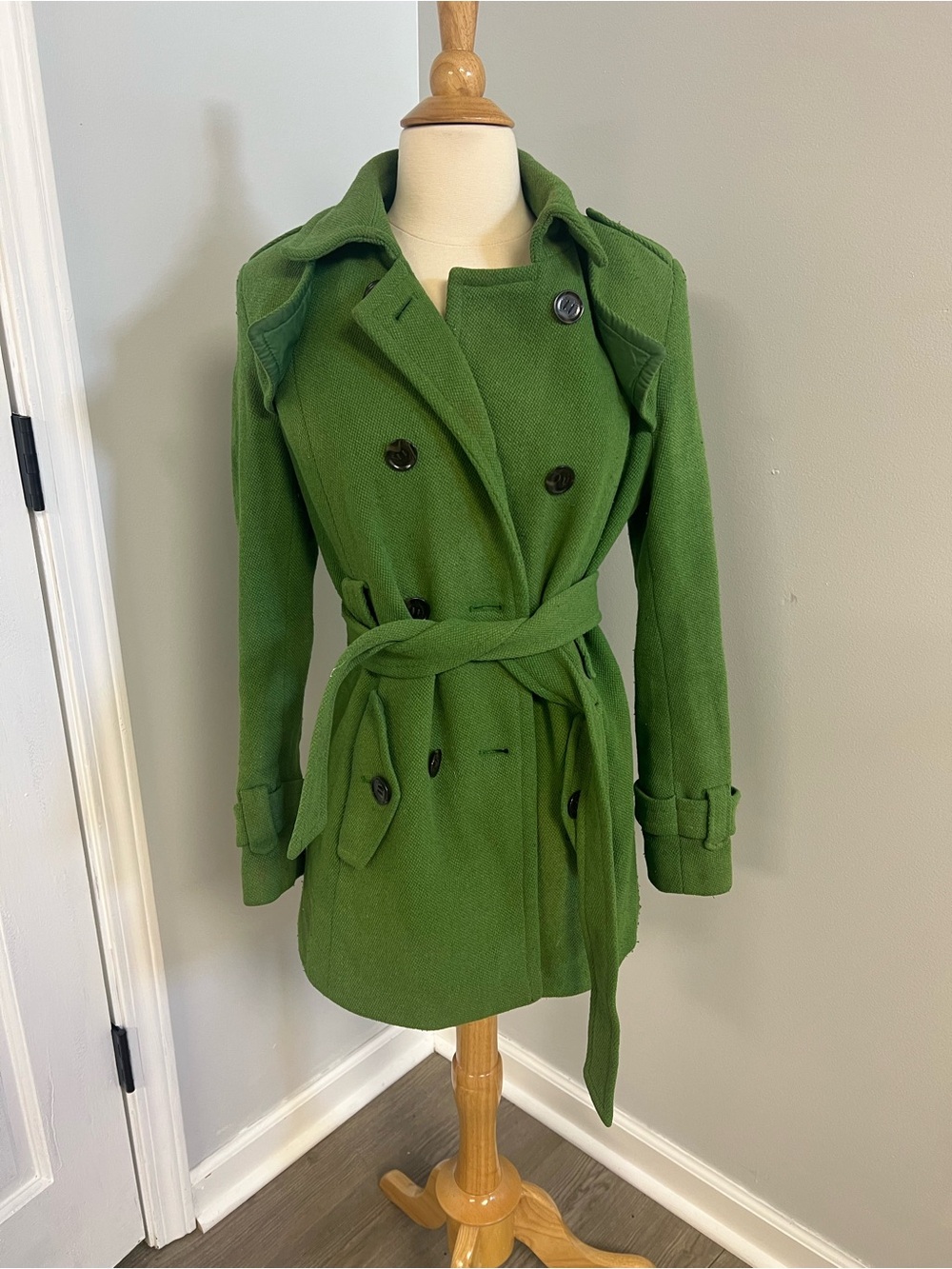 Calvin Klein Green Double-Breasted Wool Blend Belted Trench Coat Size P6